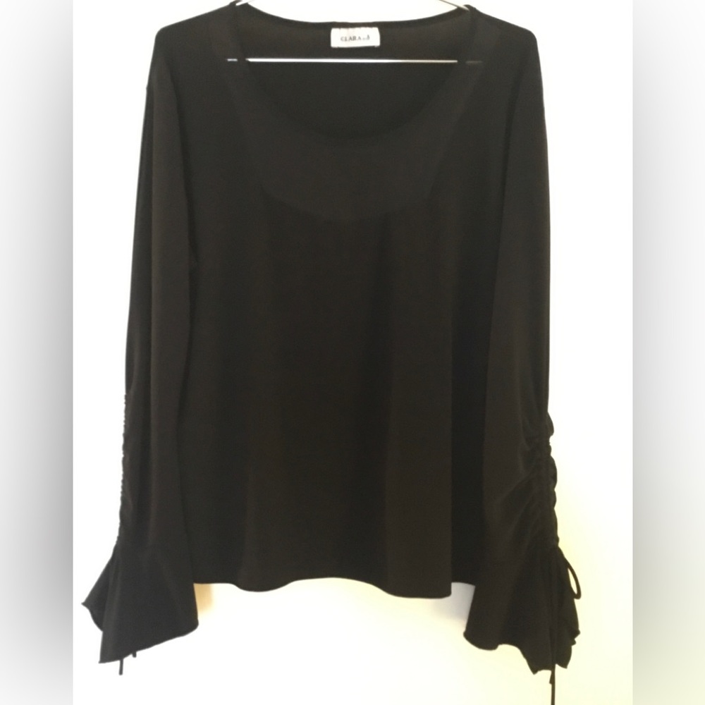Clara S Black Top With Drawstring Sleeves and Sheer Neck.  SZ 12